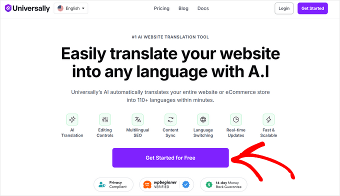 Click the Get Started for Free button on the Universally website