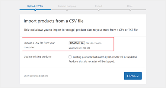 Upload sample products CSV file in WooCommerce
