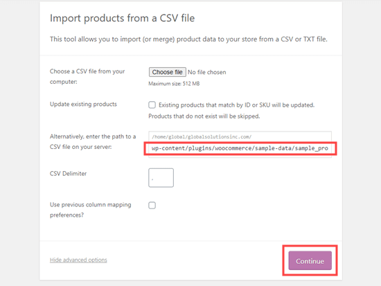 Entering the URL path of your product sample CSV file