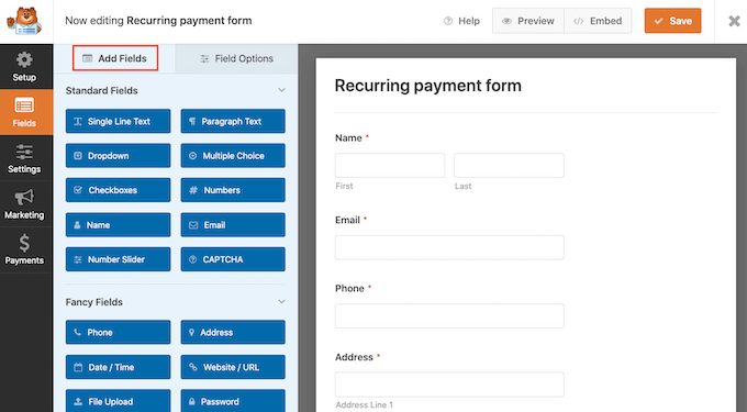 Adding fields to your WPForms template
