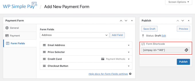 Mã ngắn của biểu mẫu WP Simple Pay