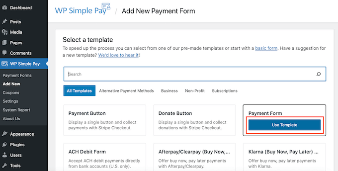 WP Simple Pay's payment form template