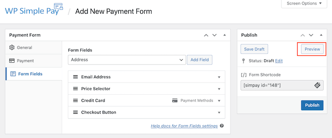 Previewing the WordPress recurring payment form