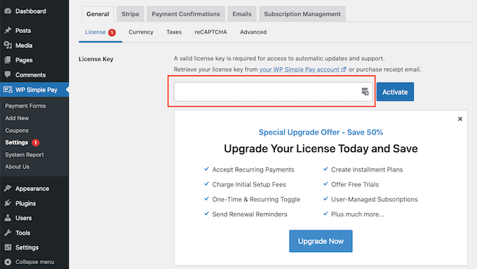 Entering the WP Simple Pay license key