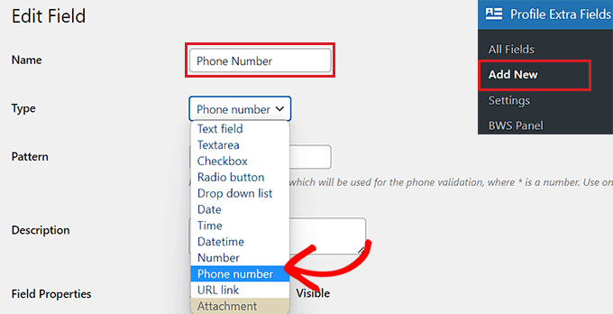 Add field name and type