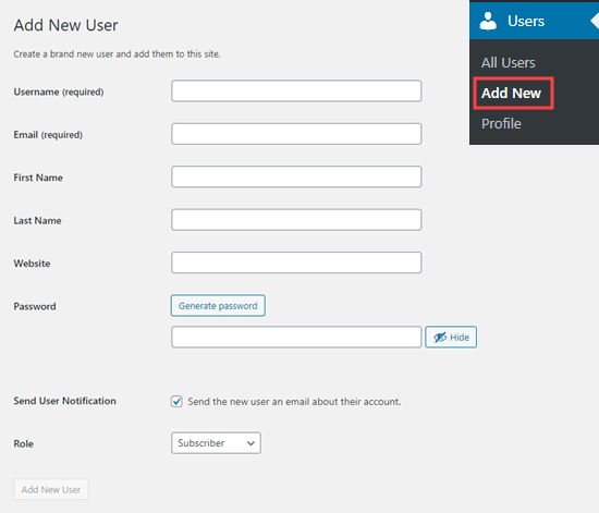 Fill out the form to add a new user to your website