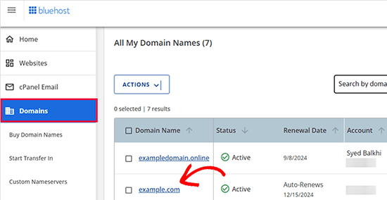 Bluehost select your domain name where you want to change nameservers