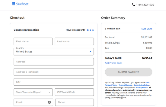 Add contact information to sign up for Bluehost Add contact information to sign up for Bluehost