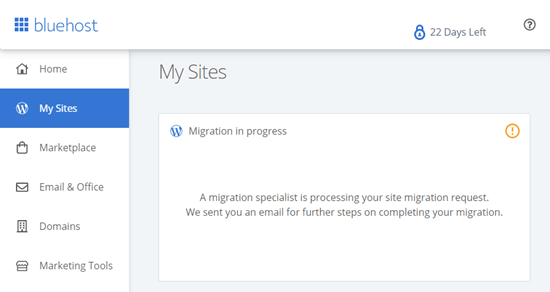 The Bluehost migration in progress message