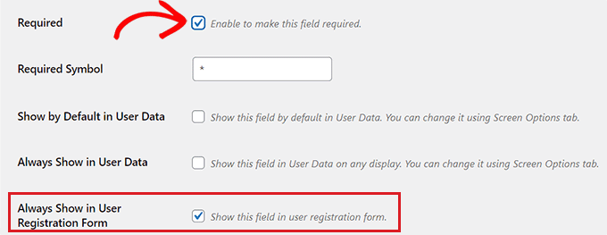 Check the box to show the field in user registration form