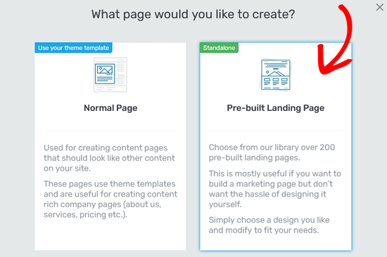 Select the Pre-built Landing Page option