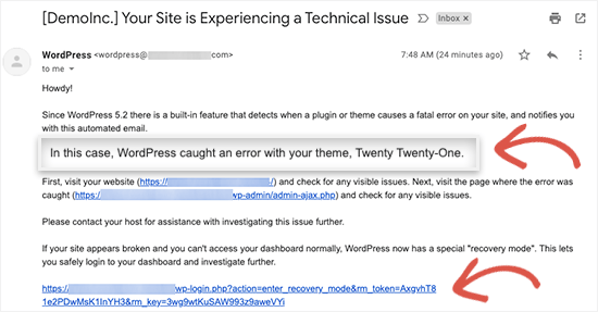 اعلان ایمیل خطای بحرانی وردپرس