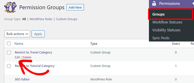 Edit permissions group