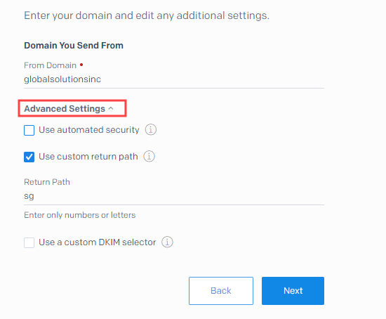 Enter your from domain and your custom return path