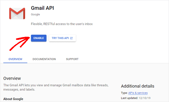 Clicking the Enable button for the Gmail API
