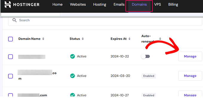 Hostinger manage domain