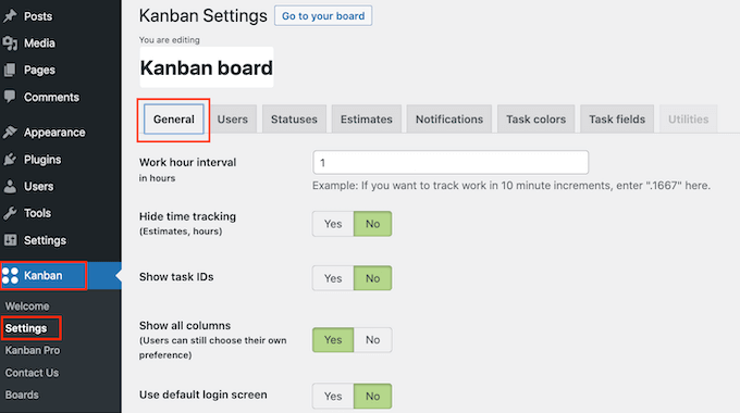 The Kanban for WordPress settings page