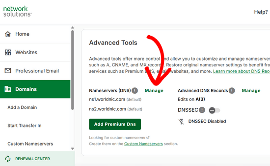 Click the Manage link to change the nameservers