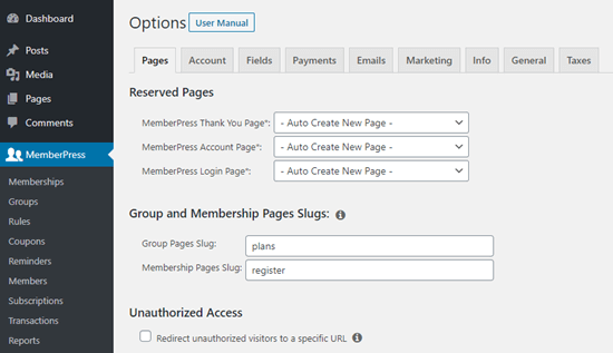 Just some of the setup options in MemberPress