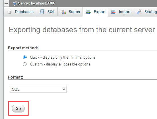 Running a quick database export from phpMyAdmin