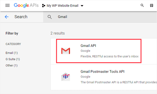 Selecting the Gmail API