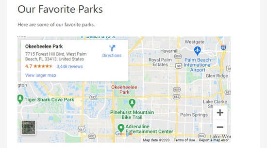 The Google map on the site with a set height and width