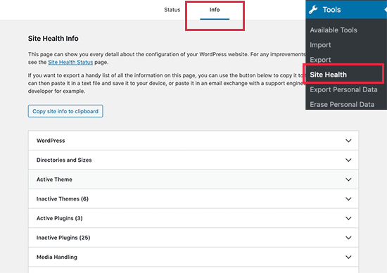 Informazioni di sistema di WordPress sotto lo stato del sito