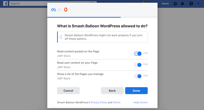 授予 WordPress 访问您的 Facebook 群组或页面的权限