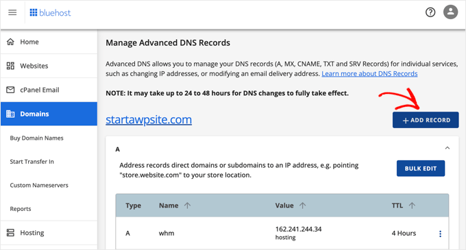Adding a DNS Record in Bluehost