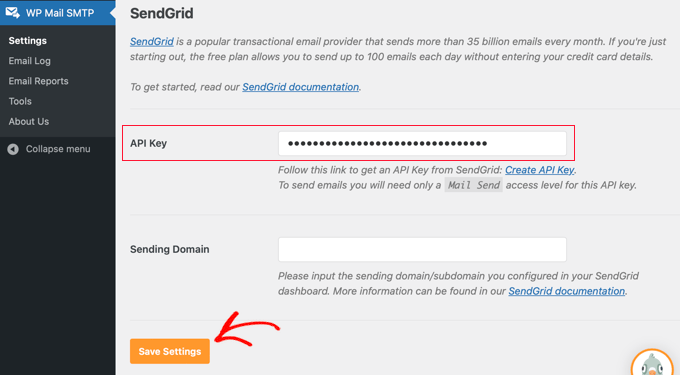 Add the SendGrid API Key to WP Mail SMTP Settings