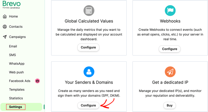 Click the Configure Button for Brevo Senders & Domains