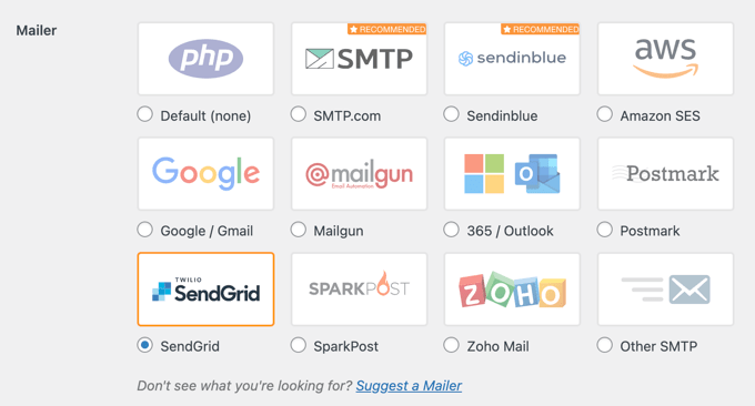 Selecting the mailer service to use with WP Mail SMTP