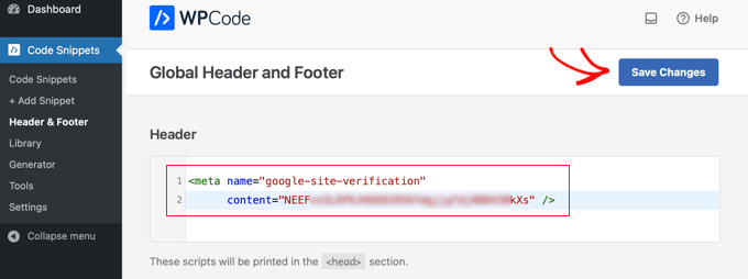 Pasting the Google Meta Tag Into WPCode