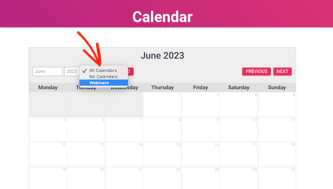 An event calendar on a WordPress website