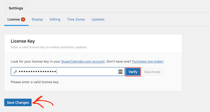 Verifying the Sugar Calendar license in WordPress