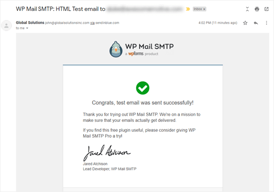The test email from WP Mail SMTP in our inbox