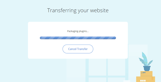 The screen shown while the Bluehost transfer is in progress