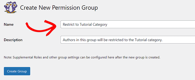 Type a name and description for the Permissions group