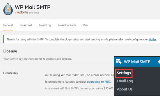 The WP Mail SMTP plugin settings page