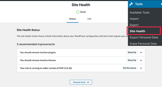 WordPress site health report