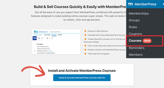 Activate courses addon for MemberPress