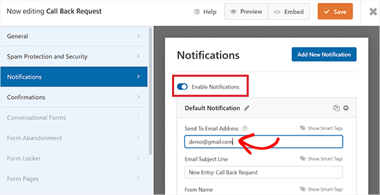Add a different email to receive form submission notifications 