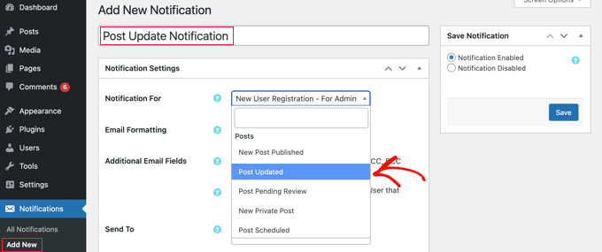 Creating a post change notification