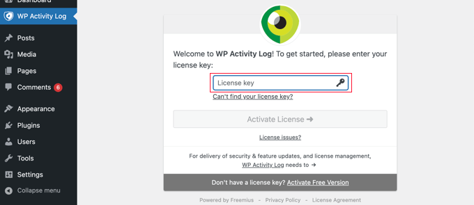 Tambahkan kunci lisensi untuk WP Activity Log