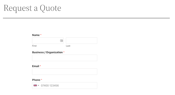 A quote request form created using WPForms