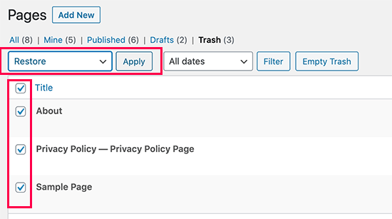 Restoring multiple pages in WordPress