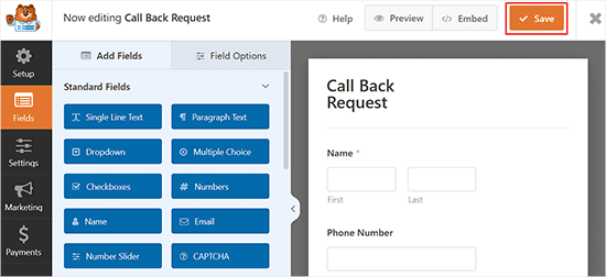 Save request to callback form in WPForms