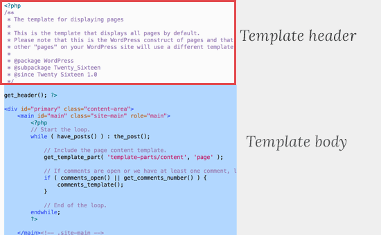 Template header of a typical page php file in WordPress