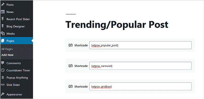 Kortkod för skjutreglage och widgets för trendande/populära inlägg