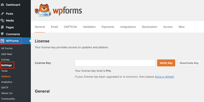 输入 WPForms 许可证密钥